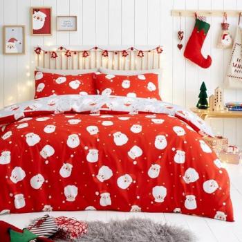 Reversible Happy Santa Christmas Duvet Cover Set - Easy Care Red Bedding with Pillowcase (Single Size)