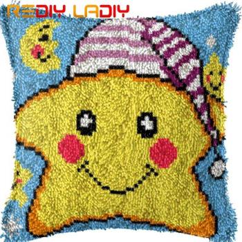 Latch Hook Cushion Cover Kit - Blue and Red Striped Acrylic Yarn Pillow Case