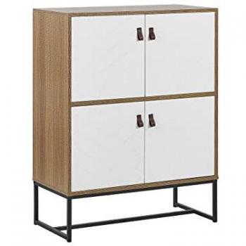 Credenza Moderna in Legno Chiaro con Gambe in Metallo Bianche, 2 Scomparti e 4 Ante, 100 x 76 cm