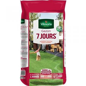 VILMORIN - Gazon 7 jours - Premières pousses dès 1 semaine - Pour créer un nouveau gazon/regarnir un gazon ancien - Installation ultra-rapide - Se sème toute l'année, Vert, 5 kg