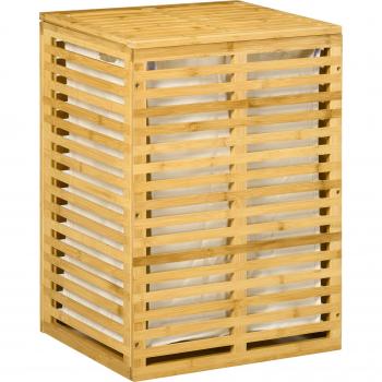 HOMCOM Cesto Portabiancheria Bambù con Coperchio, Sacca Poliestere Lavabile, 44x37x62.5cm, Effetto Legno