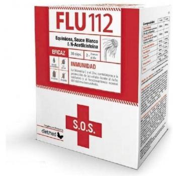 Flu 112 SOS – 30 comprimidos - Dietmed, suplemento alimentar para suporte ao sistema imunológico, contém ingredientes ativos que ajudam a aliviar sintomas de resfriados e gripes, formulado com extratos naturais e vitaminas essenciais