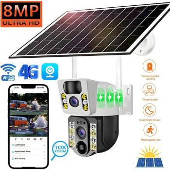 Caméra solaire extérieure sans fil 4K 8MP avec SIM 4G, surveillance à double écran, panneau étanche IP, vidéo CCTV