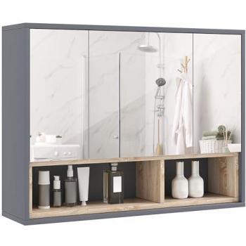 Grey Wall Mounted Bathroom Mirror Cabinet with Shelves and 3 Doors
