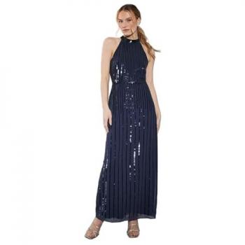 Navy Petite Sequin Halter Neck Maxi Dress