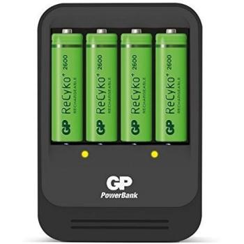 GP Batteries PowerBank Chargeur De Piles Intelligent Pour Batterie NiMH AA/AAA avec 4 Piles Rechargeables AA 2600 mAh Préchargées Inclues