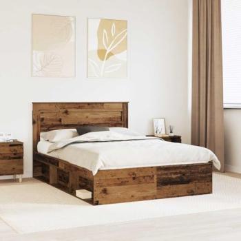 Solid Pine Wood Bed Frame with Mattress in Old Wood Finish, 150 x 200 cm, Modern Rectangular Design