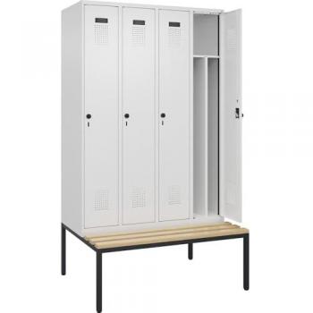 Armadio Spogliatoio Evolo PLUS con Separatore Centrale e Panchina, 4 Comparti, Bianco, B 1200 mm, Serratura di Sicurezza a Rotazione
