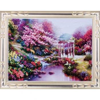 Blühender Garten Seidenband-Stickerei 3D Leinwandmalerei Satin-Kreuzstich Kit DIY Wanddeko