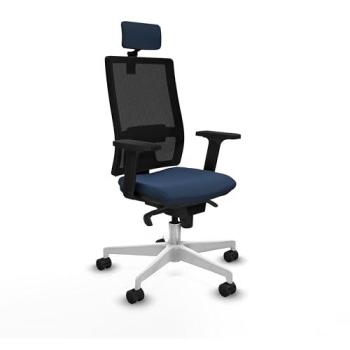 Silla de Oficina Horna Transpirable con Malla Negra, Similpiel Azul Marino, Brazos 2D, Base Blanca y Ruedas de Nylon de 65mm