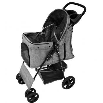 Woven Grey Pet Stroller with Rain Cover - Foldable Travel Pushchair for Cats and Dogs