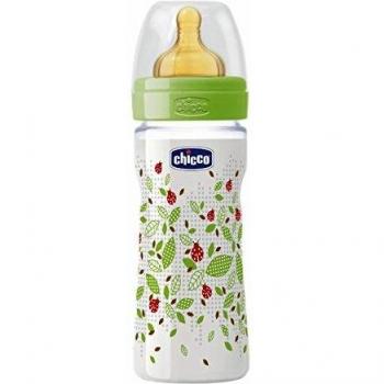 Chicco Wellbeing - Biberón con tetina de látex y flujo medio para bebé de 2m+, 250 ml, color verde