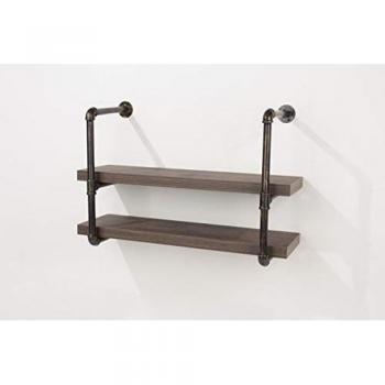 Industrial Pipe Bracket Wall Shelf - Dark Oak & Brass, 60cm x 29.5cm
