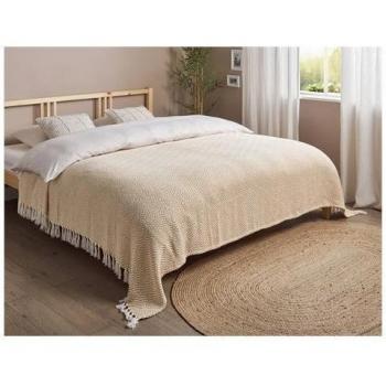 Beige Cotton Bedspread with Tassels 220 x 240 cm for Living Room and Bedroom