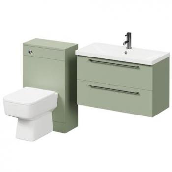 Napoli 390 Olive Green Wall Mounted Vanity Unit with Basin and Drawers - 1300mm, Gunmetal Grey Handles