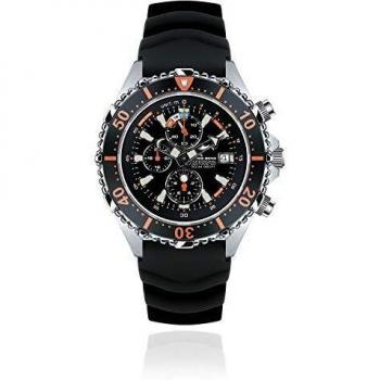 Chris Benz Dieptemeter Chronograaf 300M Duikhorloge met Zwart Kautschukband en Oranje Accenten
