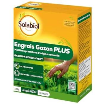 Engrais Gazon Plus Solabiol 2,5kg - Granulés Nutrition Longue Durée - Jusqu'à 62m² - Action Rapide - Agriculture Biologique