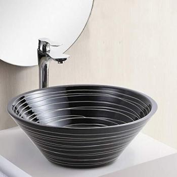 Vasija de Baño Tipo Bol - Cerámica Negra Estriada Blanca - 42 cm