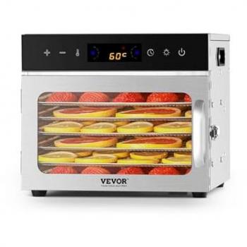 VEVOR 6-Tray Stainless Steel Food Dehydrator, 400W Electric Dryer with Adjustable Temperature & 24-Hour Timer for Jerky, Meat, Fruits, Vegetables, Herbs, and Dog Treats