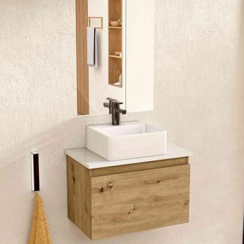 Mueble de Baño Suspendido Bellobath con Lavabo de Cerámica Cuadrado, Espejo y Cajón Abatible, 50 x 32 x 30 cm, Roble/Blanco