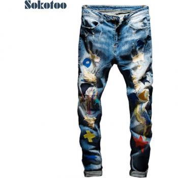 Herren farbige Patchwork Ripped Jeans mit modischer Stickerei und Stretch-Denim, Slim Straight Trousers