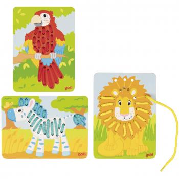 Goki 58686 - Fädelspiel Papagei Löwe Zebra