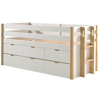Vipack Mid Sleeper Bed with Drawers, 90 x 200 cm, White/Natural Finish, Includes Safety Guard and Slatted Base