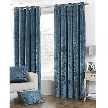 Teal Crushed Velvet Eyelet Curtains - Ready Made, 100% Polyester, 117cm x 137cm