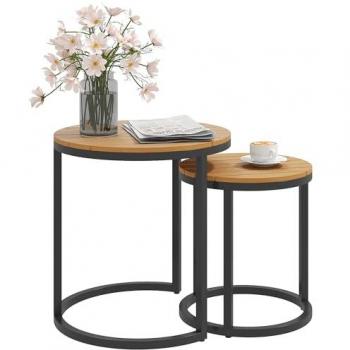 Juego de 2 Mesas Auxiliares de Jardín con Encimera de Madera de Acacia y Marco de Acero, Diseño Nido, Pies Ajustables, 46x46x49 cm