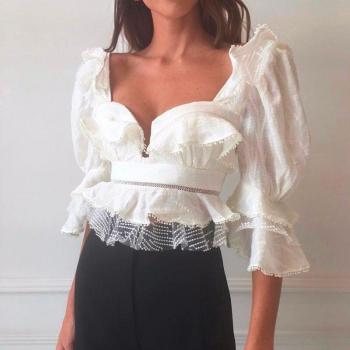 Chemise Vintage Blanche à Volants pour Femmes, Col Carré, Manches Bouffantes et Dentelle
