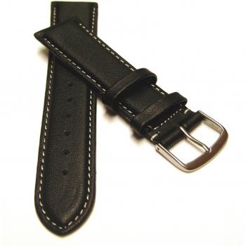 klug-versand - Correa de reloj de piel de ternera, color negro con costura blanca