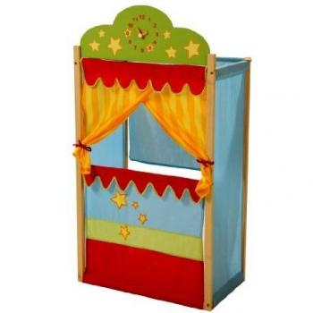 roba Kasperletheater, Puppentheater mit Uhr, Stand-Kaspertheater aus Massivholz mit Stoffbespannung,