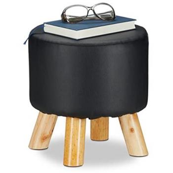 Schwarzer Kunstleder Hocker mit 4 Holzbeinen, gepolstert, rund, 30 x 31 cm - Relaxdays