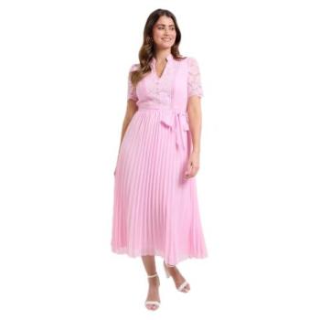 Lace Collarless Pleated Midi Dress in Pink