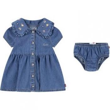 Set di abiti in denim blu Levi's® per bambine con colletto ricamato e copripannolino