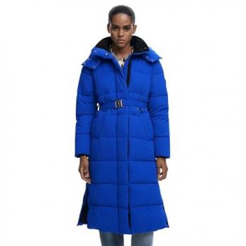 Abrigo acolchado largo con cinturón para mujer, poliéster, azul, XS