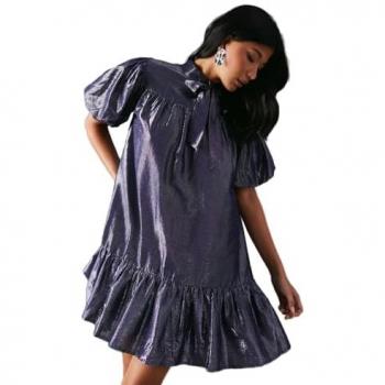 Navy Metallic Tie Neck Puff Sleeve Tiered Mini Dress - Size 10 UK