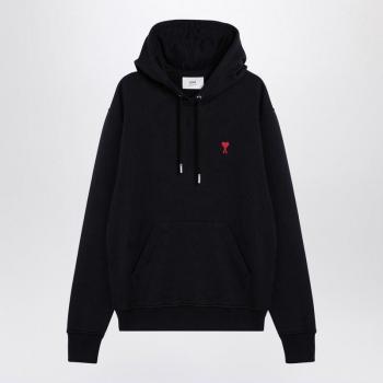 Ami Paris Men's Black Hoodie with Red Heart Logo - Size Large