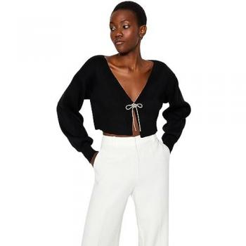 Trendyol Schwarzer Super Crop Basic Strickcardigan mit Schleifendetail für Damen - S