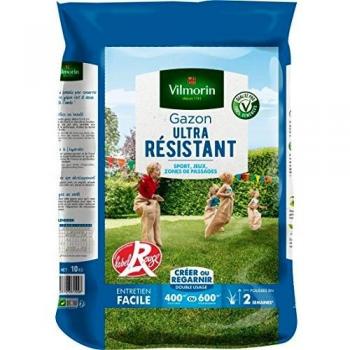 VILMORIN - Gazon Ultra-Résistant - Premières pousses dès 2 semaines - Pour terrains de sport, de jeux ou zones de passage - Pour Créer un nouveau gazon/regarnir un gazon ancien - 10 Kg