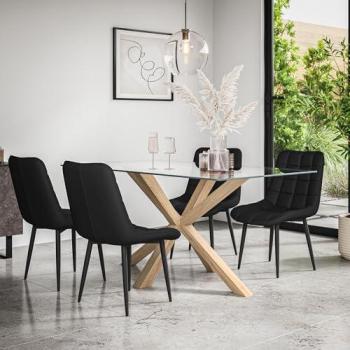 Etta Glass Dining Table Set with Solid Oak Legs and Nova Faux Leather Chairs - 6 Pieces