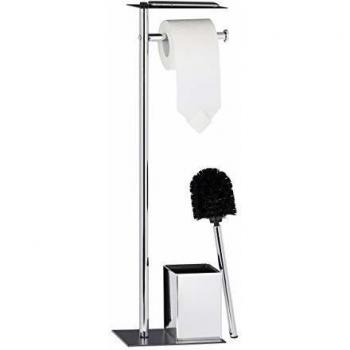 Piantana Bagno con Porta Carta Igienica e Scopino, in Ferro Cromato, Nero-Argento, 66 x 20 x 13 cm - Relaxdays