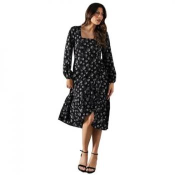Women's Black Printed Long Sleeve Ruffle Midi Dress
