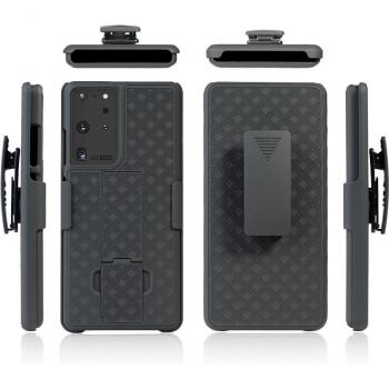 Woven 2-in-1 Hybrid Hard Shell Holster Case with Kickstand & Belt Clip for Samsung Galaxy S21 Ultra