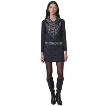 Vestido Corto Negro y Blanco de Manga Larga con Bordado Metalizado para Mujer