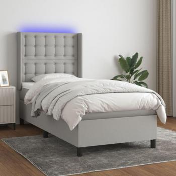 Sommier box spring avec matelas et LED en tissu gris clair 90x190 cm