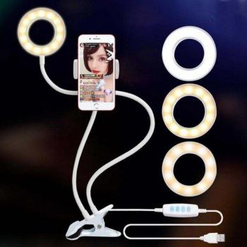Dimmable LED Selfie Ring Light with Phone Holder - USB Desktop Video Photography Lamp