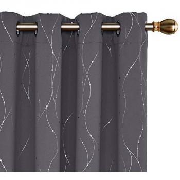 Deconovo Lot de 2 Rideaux Occultants Isolant Thermique pour Enfant Gris Foncé 140x240cm Rideaux à Oeillets Les Point-Lignes Imprimés Argents