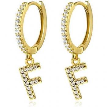 Boucles d'oreilles Créole Plaqué or 14K Boucles D'oreilles Lettre Initiale F Femme Fille avec 5A zircones cubiques