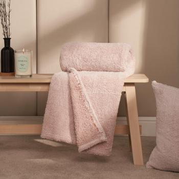 OHS Teddy Marl Fleece Blanket Throw - Blush Pink / 200cm
